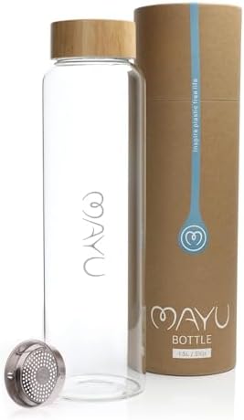 mayu Portable Container Water Bottle With Bamboo Lid - Eco Friendly & BPA Free Borosilicate Glass Infuser Bottle - Leak Free Design - For Storage, Everyday Use And Non-Toxic Hydration - 51oz 1.5L