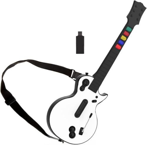 NBCP Guitar Hero Controller for PC and PS3, Wireless Guitar for Guitar Hero 3/4/5 and Rock Band 1/2 Games, Guitar Hero Guitar with Straps & Wireless Dongle (White)
