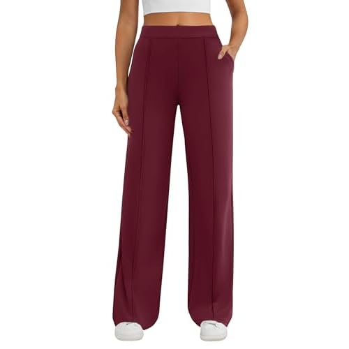 Womens Dress Work Pants Business Casual Slacks Stretchy Wide Leg Trousers with Pockets High Waist Pull On Medium Wine Red
