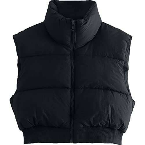 Shiyifa Women's Fashion High Neck Zipper Cropped Puffer Vest Jacket Coat(02Black,M)