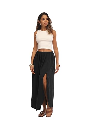 HiMONE Elegant Long Skirt for Women Boho Maxi Skirt with Elastic Waist Side Slit for Church Office Spring Wear — view 5