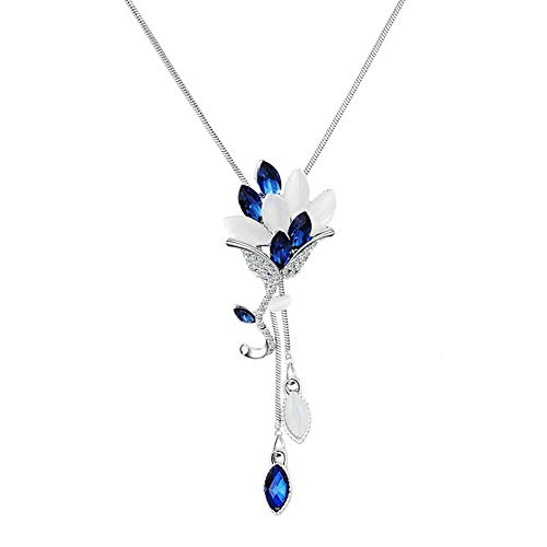 TULIP LY White Crystal Pendant Necklace Long Sweater Necklace Fashion Jewelry for Women Girls (Blue Flower Necklace)