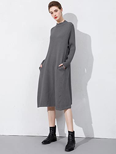 Minibee Women's Long Sleeve Sweater Dresses Pullover Casual Turtleneck Knit Sweater Long Dresses With Pockets Gray L #TOP4