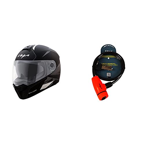 Image of Vega Ryker Bolder Full Face Helmet (Dull Black /Silver, M) and Vega Safety Cable Lock Dull Black Red