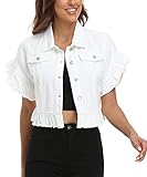 MISS MOLY Women's Denim Jacket Ruffle Sleeve Distressed Summer Cropped Jean Jackets White 2XL