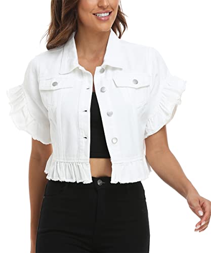 MISS MOLY Womens Denim Jacket Ruffle Sleeve Button Down Distressed Summer Cropped Jean Jackets White M