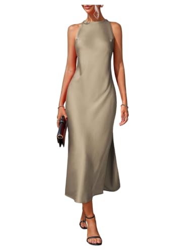 Image of Floerns Women's Elegant Crew Neck Maxi Slit Cocktail Tank Wedding Dress | Boat Neck, Side Slit, Long, Party, Cocktail, Formal, Rehearsal Dinner Guest Midi Dress