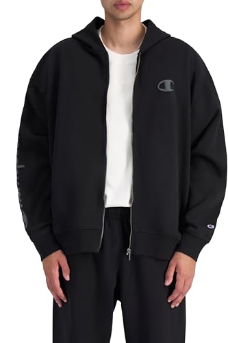 Champion Men's Legacy Puff Script Zip Thru Hoodie, Black, Medium