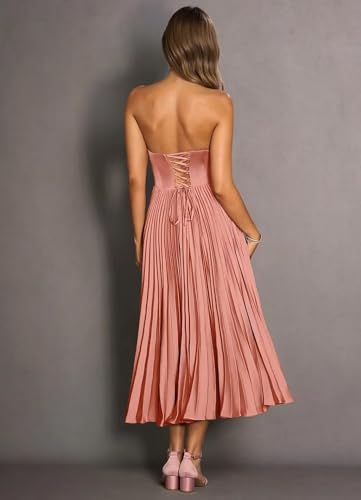 Women's Strapless Bridesmaid Dresses Tea Length Ruffle Satin Formal Prom Dress DK0272