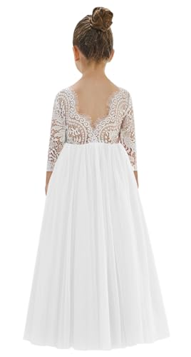 2Bunnies Girl Peony Lace Back A-Line Straight Tutu Tulle Party Flower Girl Dress (White Long Sleeve Maxi, 9-10YRS)