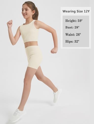 Image of EXARUS Girls 2 Piece Outfits Seamless Ribbed Cropped Tank Top Shorts Set | Teen Two Piece Outfit Tween Summer Dance Vacation Yoga Crew Neck Youth Athletic Workout Set Kids High Waist Elasticity 6-14Y