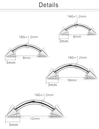 Dyknasz Internally Threaded Eyebrow Piercing Jewelry Titanium Curved Barbell Tiny Eyebrow Ring Vertical Labret Lip Jewelry Ear Rook Small Belly Button Ring for Women Men 16g 6mm/8mm/10mm/12mm2