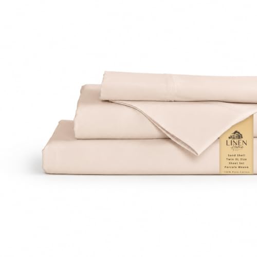 Image of Linen Home 100% Cotton Percale Sheets Twin XL Size, Sand Shell, Deep Pocket, 3 Pieces Set- 1 Flat, 1 Fitted and 1 Pillowcase, Crisp Cool and Long Staple Strong Bed Linen