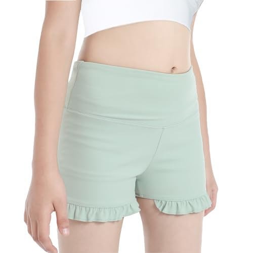 Girls Athletic Shorts Ruffle High Waisted Stretch Yoga Shorts for Kids, Comfy Dance Gymnastics Shorts for 5-14 Y2