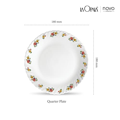 Image of La Opala Novo Collection Opal Glass Crockery | Quarter Plate Set of 6 | Petite Roses Design | Plates for Snacking & Gifting | Microwave Safe | 100% Vegetarian | Extra Strong | Super Light & White