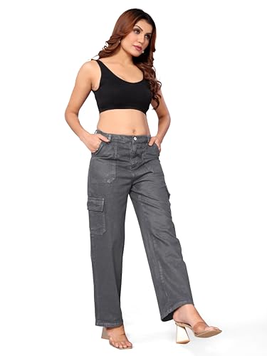 Image of ELLITI Women's 6 Pocket Regular Fit High Rise Relaxed /Boyfriend Fit, Wide Leg, Bell Bottom, Pure Denim Ankle Length Jeans Pants