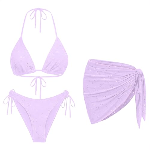 Purple Women 3 Piece Swimsuits - Sexy Triangle Bikini Sets with Cover Up Halter String Tie Side Bathing Suits M