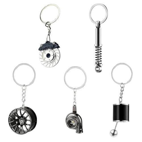 ZHAOYCSH 5 Pièces Porte-Clés de Voiture en Métal,Porte-Clés Disque de Frein, Turbo, Levier de Vitesse, Jante et Amortisseur,Accessoires Auto Créatifs pour...