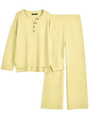 Image of LILLUSORY Women's 2 Piece Oversized Slouchy Matching Lounge Sets | Comfy Knit Loungewear, Airport Travel Outfits, Henley Button Drop Shoulder Tunic & Wide Leg Pull-on Pants