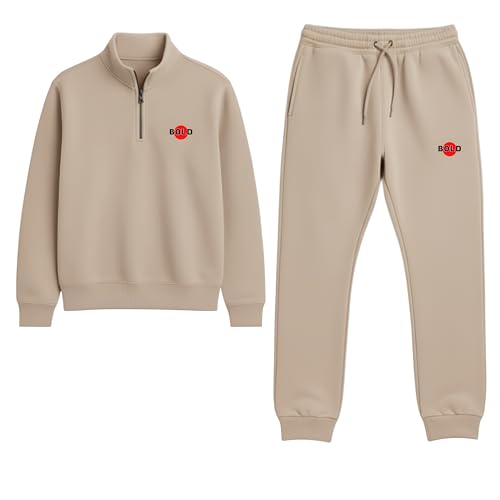 Image of BOLD FITNESS Men's Quarter-Zip Fleece Sweatshirt and Sweatpants Set, Drawstring Waist, Athletic Warm & Comfortable Joggers & Pullover Full Sleeve Winter Wear Half Zipper