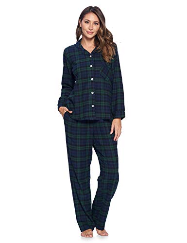 Ashford & Brooks Women's Flannel Plaid Pajamas Long Sleeve Button Down Pj Set, Blackwatch Plaid, X-Large