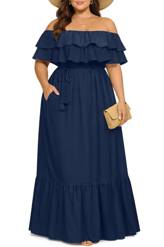Pinup Fashion Off The Shoulder Plus Size Maxi Dress Summer Wedding Guest Navy Blue Casual Long Beach Sundresses with Pockets 2024