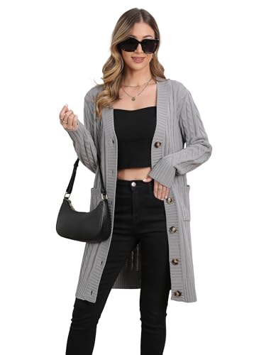 Image of Womens Cardigan Sweaters Cable Knit Sweater 2026 Fall Winter Chunky Open Front Button Down Coats with Pockets