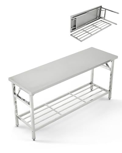 60 x 30 Inch Commercial Stainless Steel Folding Table with Undershelf, NSF Certified Heavy Duty...