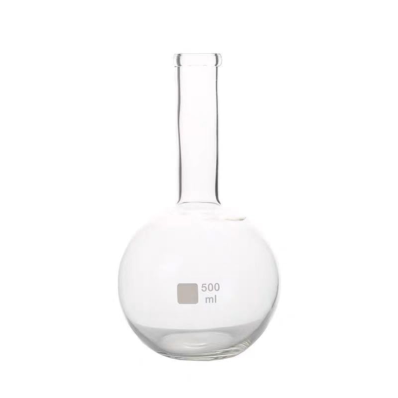 Ballon à fond rond en verre borosilicaté à col simple et long avec bouchons en caoutchouc – Ballon d'ébullition transparent for laboratoire(Round 500ml)