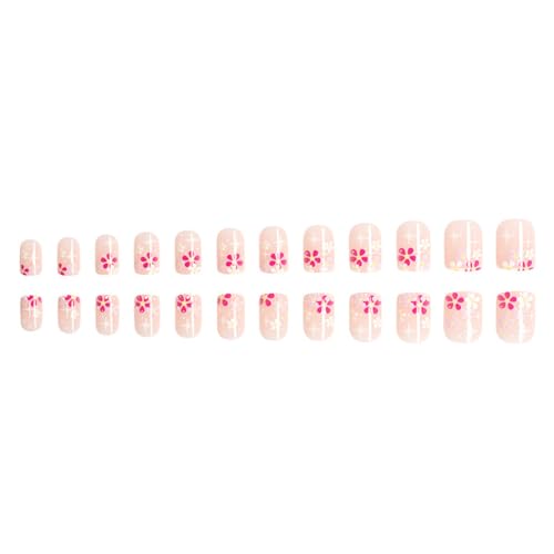 Flower Press on Nails Short Square- French Tip Press on Nails Nude Pink False with Flowers Design Cute Fake Nails Acrylic Artificial Nails Full Cover Glue on Nails Stick on Nails for Women Girls 24pcs
