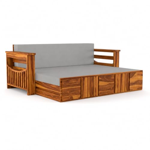 Image of Kunjal Furniture Solid Sheesham Wood Sofa Cum Bed with Storage for Living Room | Natural Finish | 3-Seater Convertible Sofa Bed | Handmade Wooden Furniture (Natural+Grey, Contemporary)