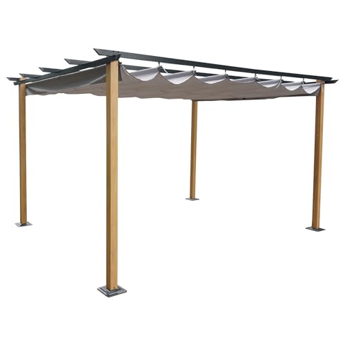 Avril Paris Tonnelle Pergola Aluminium 4x3 m Couleur Bois et Gris - Toile en Polyester Coulissante Rétractable Grise - Pergola Jardin Exterieur - Résistante aux UV – Hawai