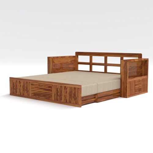Image of Kunjal Furniture Solid Sheesham Wood Sofa Cum Bed with Storage for Living Room | Natural Finish | 3-Seater Convertible Sofa Bed | Handmade Wooden Furniture (Natural, Europian)