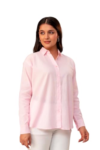 Image of Women's Linen Blend Shirt | Casual Collared Button Down Shirt for Women | Solid Color Full Sleeve Oversized Fit | Summer Casual & Office Wear Top
