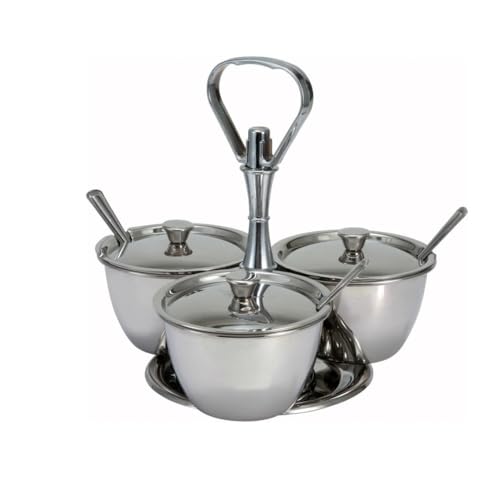 Soro Essentials- 3 Compartments Stainless Steel Relish Server 8 oz Capacity Per Cup- Serving Tray with Lid Condiment Server Condiment Serving Garnish Bar Container for Home Kitchen Restaurant