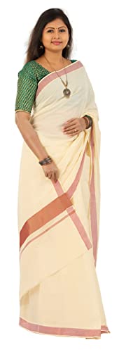 Image of Women's Kerala Traditional Cotton Kasavu Saree with Running Blouse | Sari for Weddings, Festivals, Temple Visits, Onam Vishu & Regular Wear