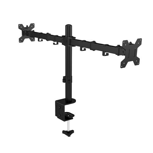 BonKaso Dual Monitor Stand for Desk | Height Adjustable Alloy Steel Arm Mount for 13”–27” Screens | 360° Rotation, Tilt & Swivel, Cable Management, Space-Saving Dual Arm Monitor Mount (Black & White)