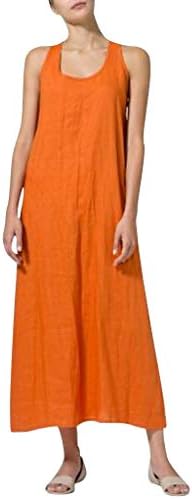 Kingfansion Womens Dresses Summer Plus Size Solid Sleeveless Cotton Linen Casual Loose Maxi Dress