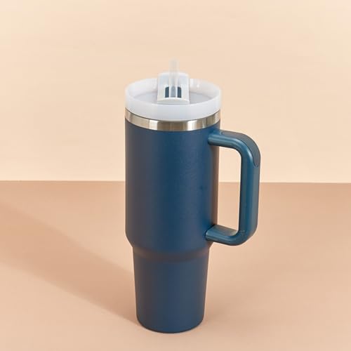 Image of KooK Tumbler with Straw and Handle, 40 Oz, Stainless Steel, Vacuum Insulated Travel Coffee Mug, Reusable Double Walled Water Bottle, Keeps Hot or Cold (Storm Blue)