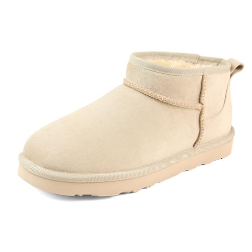 Women’s Winter Ankle Mini Boots, Vegan Suede Fuzzy Snow Boots with Warm Faux Fur Lining, Classic Ultra Mini Booties Anti-Slip Lightweight (Brown/Sand/Black, US Women Size 6-9)