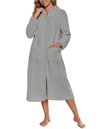 Image of Ekouaer Women Zipper Robe Fleece Long Sleeves Bathrobe Sleepwear Warm Soft Housecoat with Pockets Zip Up House Dresses