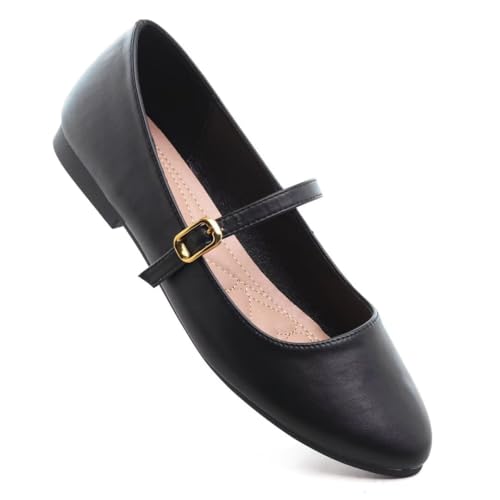 Image of TN TANGNEST Leather Flats for Women Retro Mary Jane Flats | Comfortable Square Toe Slip On Flats with Buckle Strap, Soft Work Flats Office Shoes