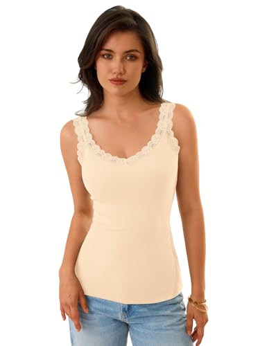 GKBK Tank Tops for Women Ribbed Slim Fit Camisole Sleeveless Lace Tank Tops Summer Casual Basic Tops Cute V Neck Soft Lace Trim Cami Undershirt Spring Clothes 2026 Fashion Outfits Apricot — view 2