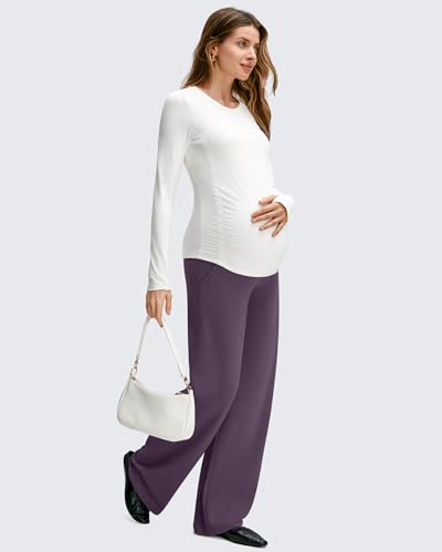 Image of G4Free BareFeel Maternity Pants Over the Belly Pregnancy Trousers for Work | High Waist Coverage,Two Side Pockets,Wide Leg Design,Soft Knit Fabric,for Dress Casual Yoga