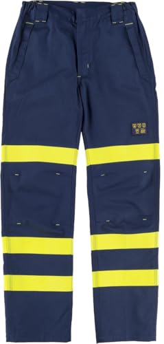 WORKTEAM B1496 Pantalón Ignífugo, Antiestático con protección para Soldadura y Arco Eléctrico, Visibilidad Realzada, Slim Fit, Cintas Fluorescentes Amarillas y Triple Costura. Unisex Azul 3XL