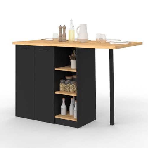 IDMarket - Ilot Central Cesar 140 cm 5 Personnes Bois Noir avec Plan de Travail façon hêtre