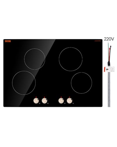 VEVOR Induction Cooktop, 6600W Electric Countertop Burner, 4 Burner Knob Control Stove, Built-in Induction Cooktop with 12 Temperature Settings, Glass Surface, Auto Shut-Off
