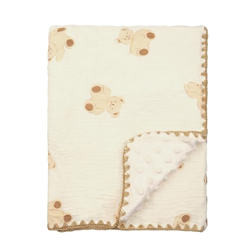 Image of Baby Blanket 40x40 Inches,Muslin Cotton and Minky Dotted Double Layer Soft Receiving Blanket for Newborn Toddler,Bear