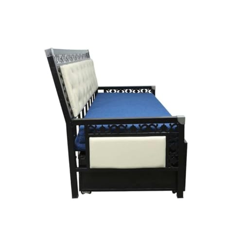 Image of Rexo Metal Sofa Cum Bed with Hydraulic Storage | 3 Seater Convertible Sofa Bed for Living Room | Heavy Duty Metal FrameMatte Black Finish with Blue Cushion, King