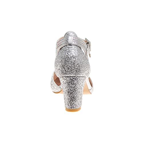 Badgley Mischka Girls Dress Shoes - Kids Rhinestone Dress Pump Block High Heel Sandals With Ankle Strap - Silver (3 Big Kid) #TOP2